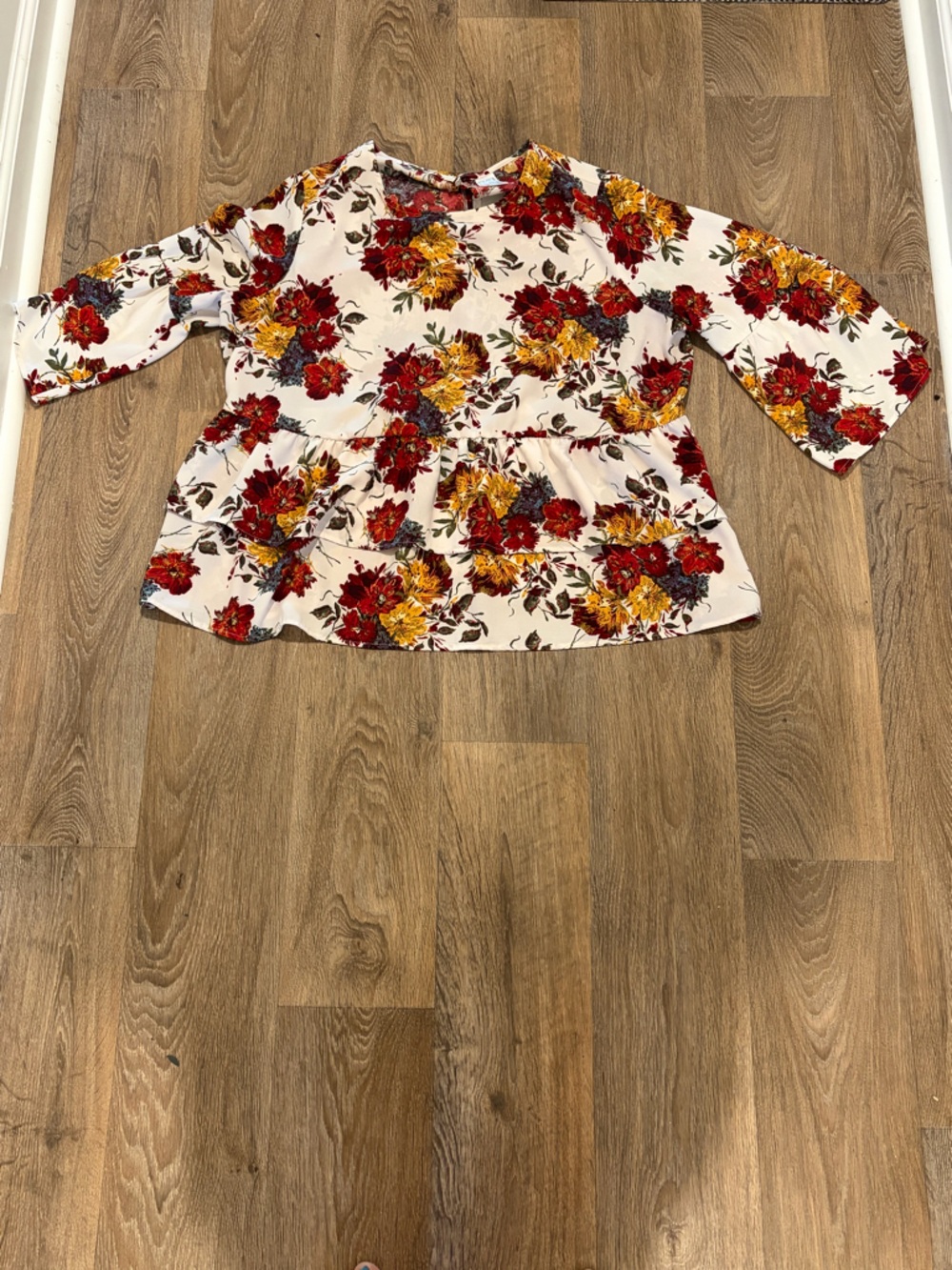 Time and Tru White Floral Peplum Top with Red and Mustard Flowers
